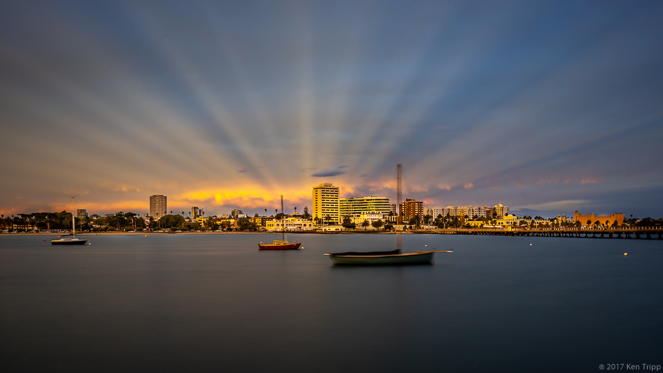 Anticrepuscular rays at St Kilda Pier